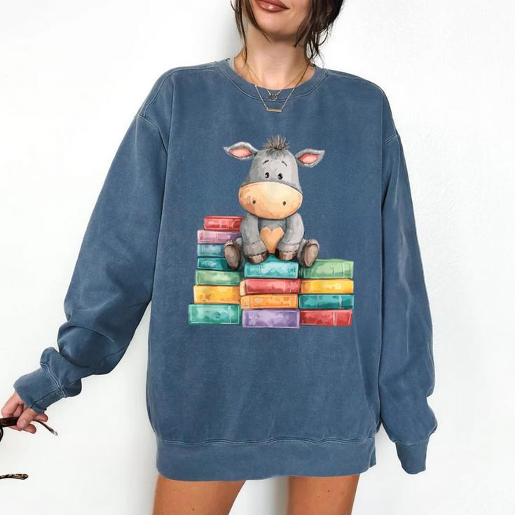 Adorable Donkey With Heart Sitting On Colorful Book Stack Comfort Colors Sweatshirt