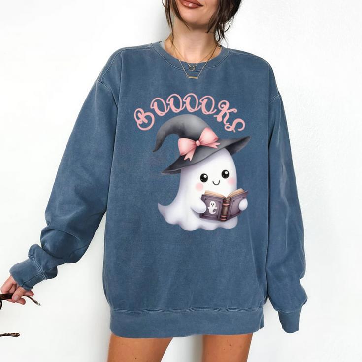 Boo Ghost Books Coquette Bow Halloween Women School Teacher Comfort Colors Sweatshirt