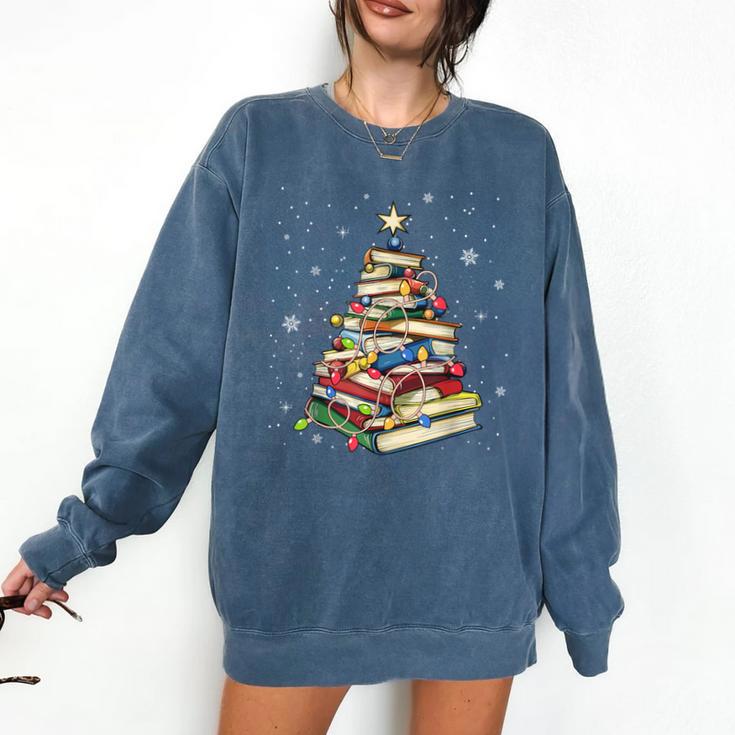 Book Christmas Tree Teacher Book Lover Crew Neck Modern Classic Christmas Small Short Sleeve -Adults -Kids Comfort Colors Sweatshirt