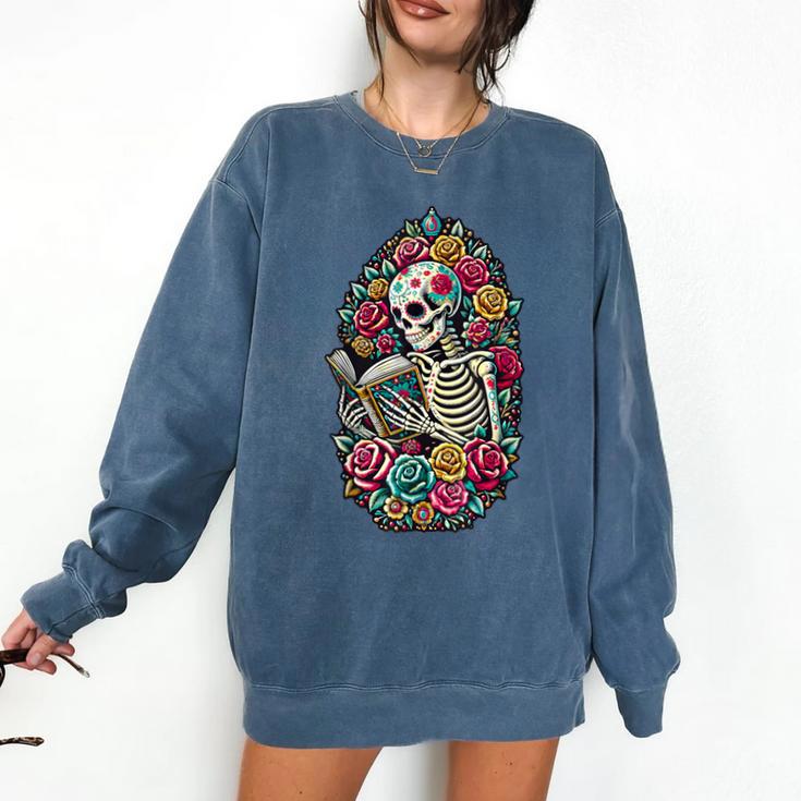 Book Lover Skeleton Reading With Dia De Los Muertos Flowers Comfort Colors Sweatshirt