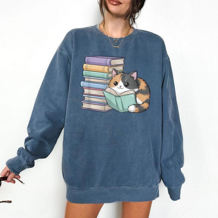 Cat On Books Pets Cats Reading Book Nerd Read Reader Bookcat Comfort Colors Sweatshirt