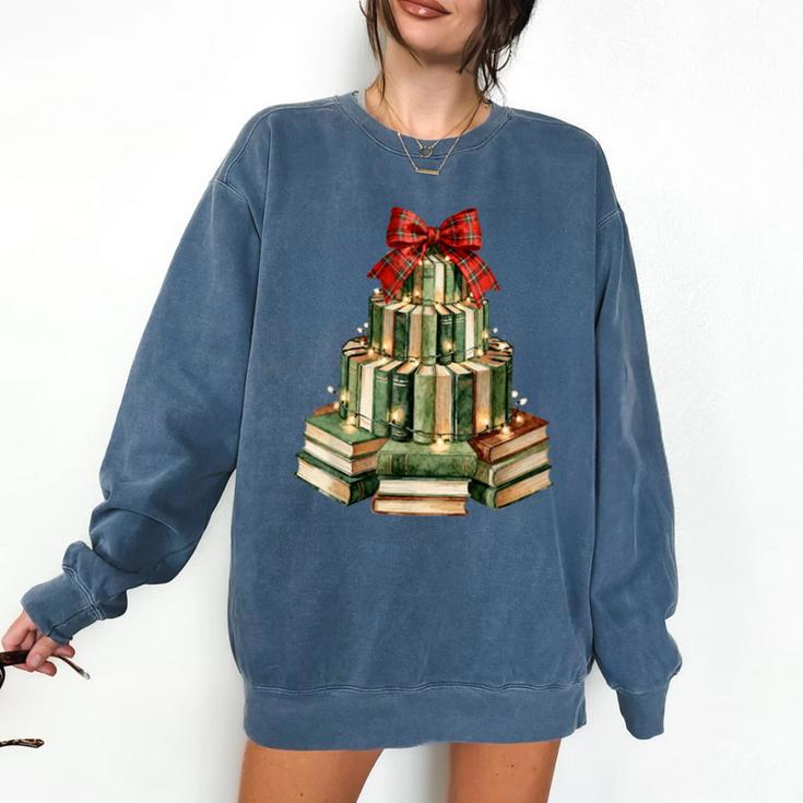 Christmas Book Tree Coquette Bow Xmas Reading Librarian Girl Comfort Colors Sweatshirt