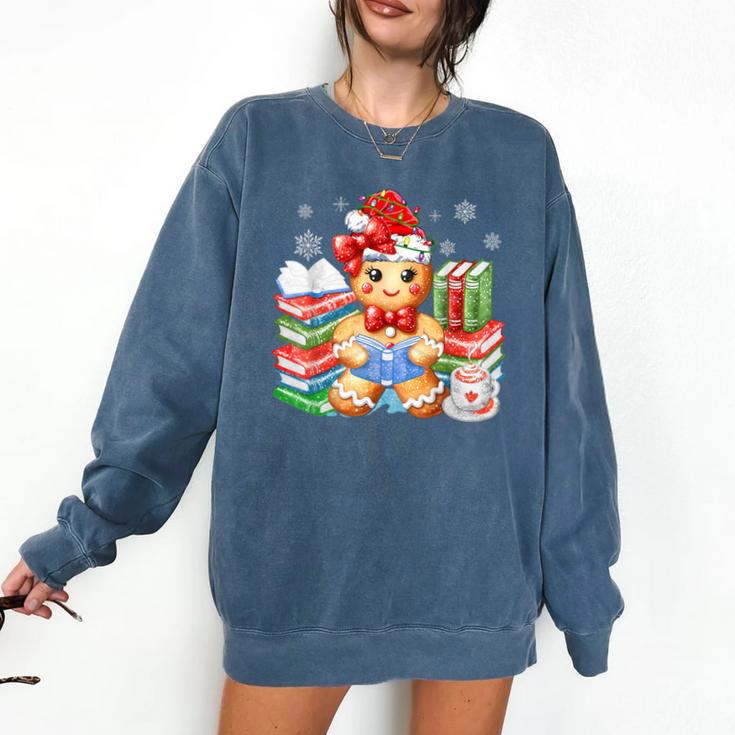 Christmas Gingerbread Man Reading Book Snowflake Teacher Comfort Colors Sweatshirt