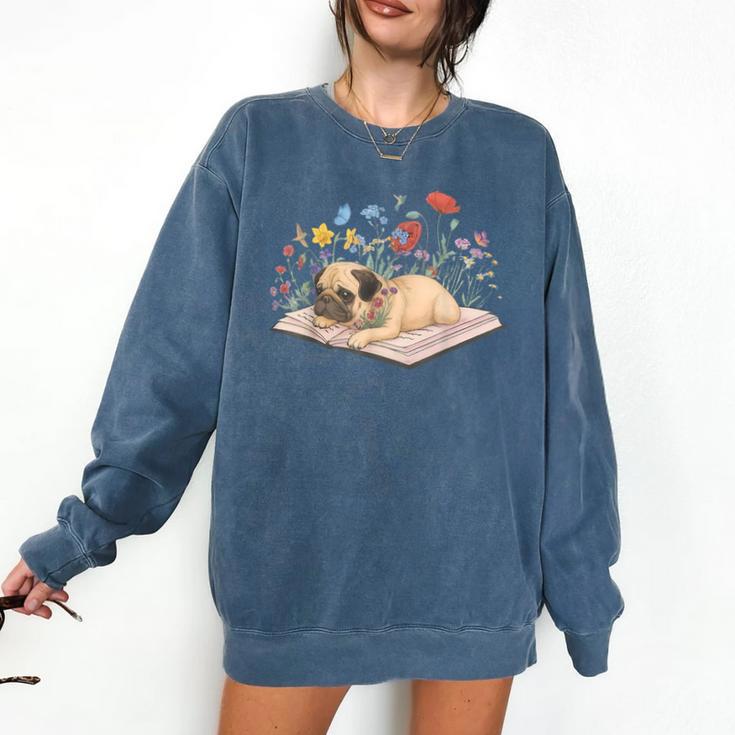 Color Floral Cute Pug Dog On Book Reading Bookworm Reader Comfort Colors Sweatshirt
