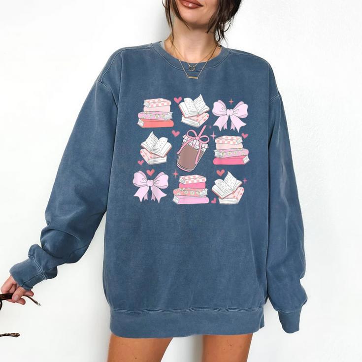 Coquette Bow Book Coffee Valentines Bookish Library Teacher Comfort Colors Sweatshirt