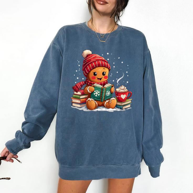 Cozy Gingerbread Christmas Reading Book Xmas Snowflakes Fall Comfort Colors Sweatshirt