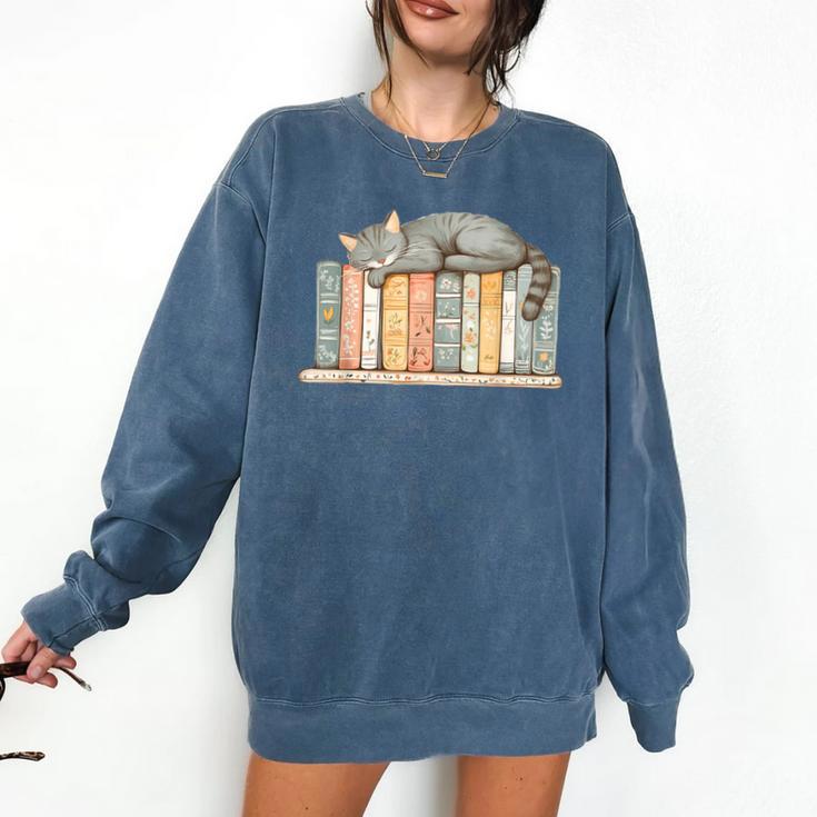 Cute Cat Sleeping On Books Comfort Colors Sweatshirt