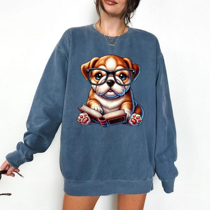 Cute Dog Puppy English Bulldog Reading Book Comfort Colors Sweatshirt