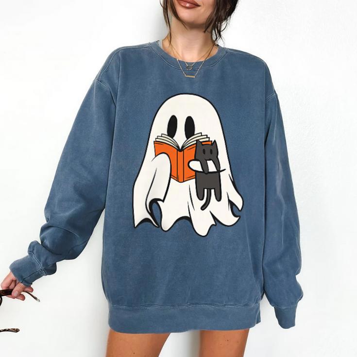 Cute Ghost Cat Reading Book Spooky Season Halloween Costume Comfort Colors Sweatshirt