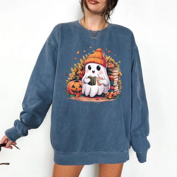 Cute Ghost Drinking Coffee Halloween Reading Book Retro Comfort Colors Sweatshirt