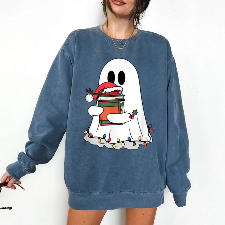 Cute Ghost Holding Books Bookish Christmas Comfort Colors Sweatshirt