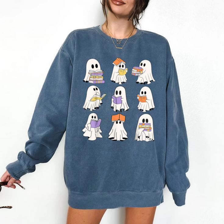Cute Ghost Reading Books Teacher Halloween Reading Men Women Kids Comfort Colors Sweatshirt