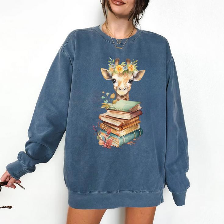 Cute Giraffe With Book Floral Bookworm Librarian Book Lover Comfort Colors Sweatshirt