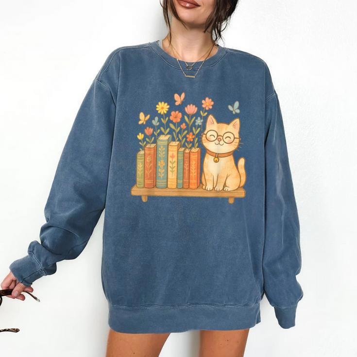 Cute Kawaii Cat Books Flowers Comfort Colors Sweatshirt