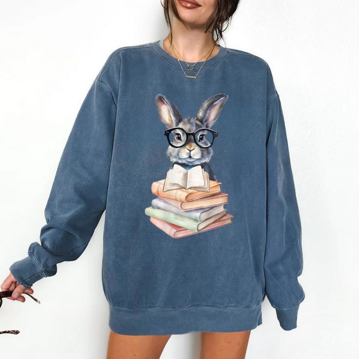 Cute Reading Bunny With Glasses Books Reader Book Bookworm Comfort Colors Sweatshirt