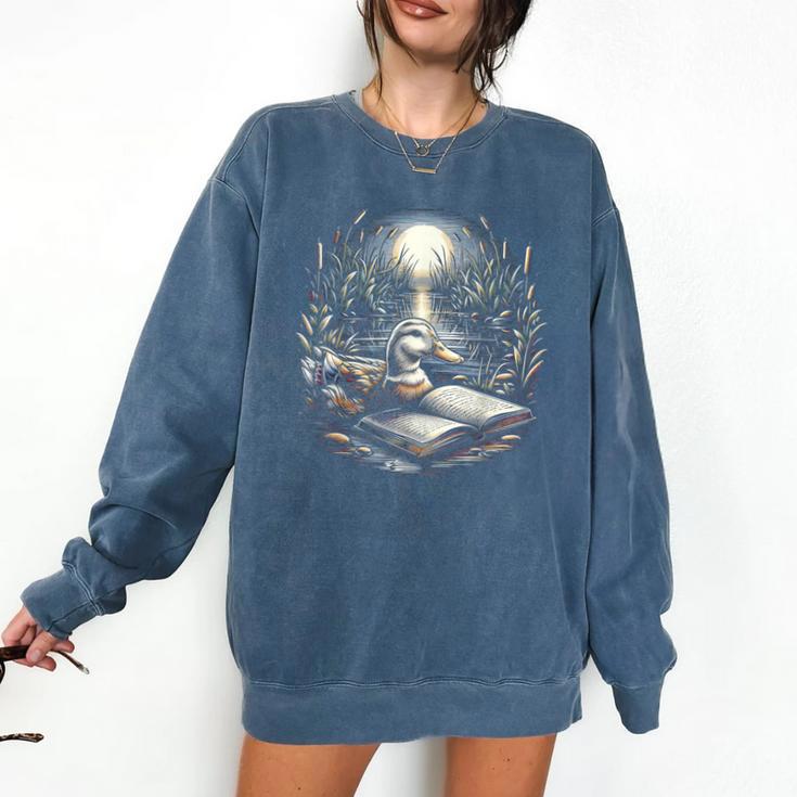 Duck Reading Book Full Moon Lake Scenery Comfort Colors Sweatshirt