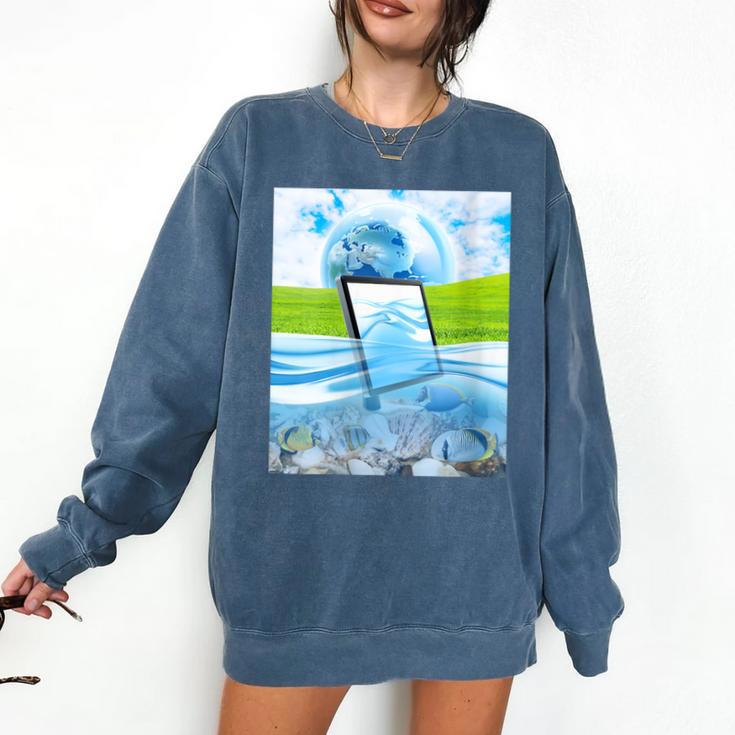 Frutiger Aero Aesthetic Tech Water Fishes Monitor Screen Comfort Colors Sweatshirt