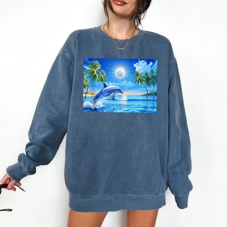 Frutiger Aero Dolphin Sunset Ocean With Palm Trees Y2k Comfort Colors Sweatshirt