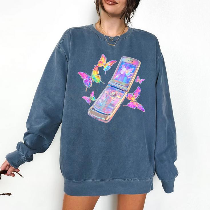 Frutiger Aero Y2K Chrome Phone Butterfly Comfort Colors Sweatshirt