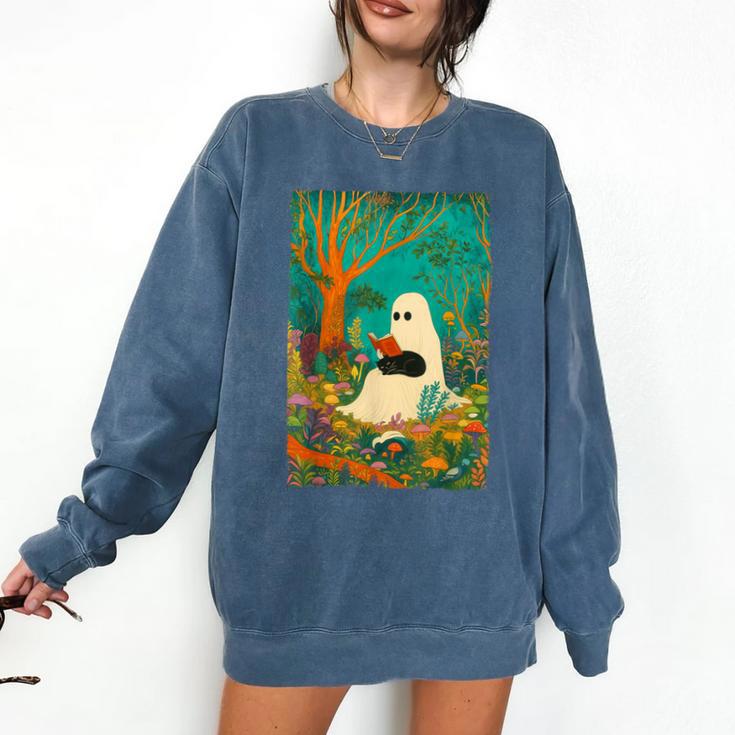 Groovy Ghost Reading Book Cat Halloween Ghost Teacher Comfort Colors Sweatshirt
