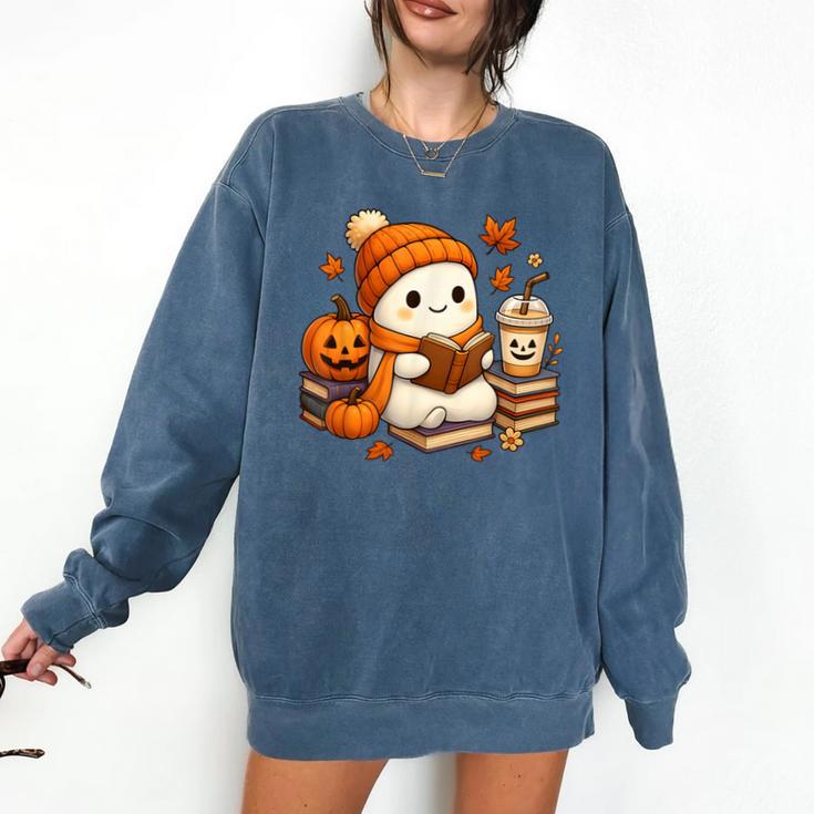 Halloween Ghost Reading Book Lovers Coffee Girl Women Comfort Colors Sweatshirt