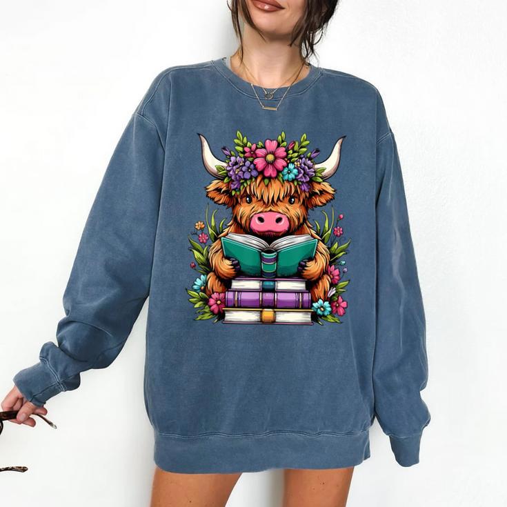 Highland Cow Book Floral Bookworm Comfort Colors Sweatshirt