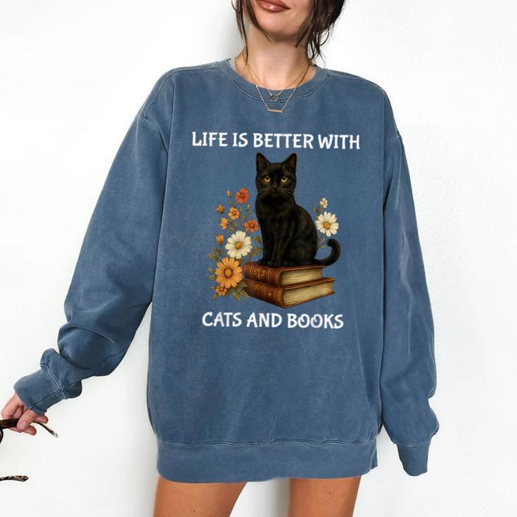 Life Is Better With Cats And Books Cute Cat Lover For Men Women Kids Comfort Colors Sweatshirt