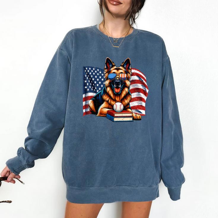 Patriotic German Shepherd Books Baseball USA Flag Vintage Comfort Colors Sweatshirt