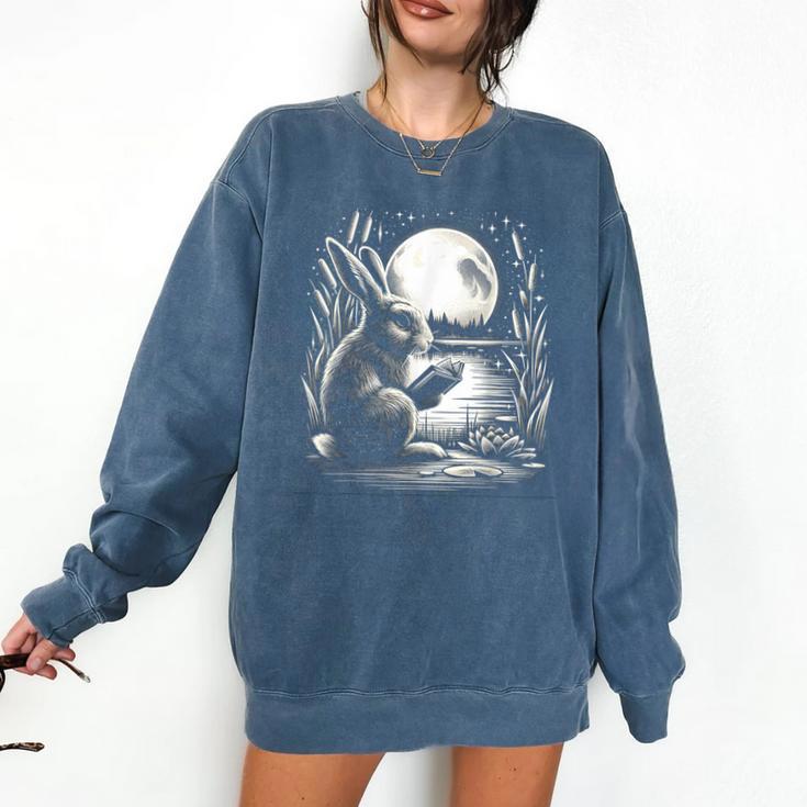Rabbit Reading Book Full Moon Lake Scenery Comfort Colors Sweatshirt