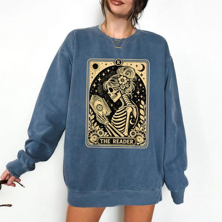 The Reader Tarot Card Book Lover Skeleton Reading Book Comfort Colors Sweatshirt