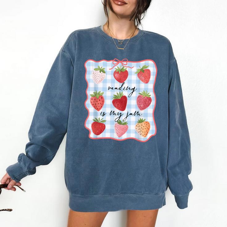 Reading Is My Jam Preppy Stawberry Bookworm Book Lover Nerd Comfort Colors Sweatshirt