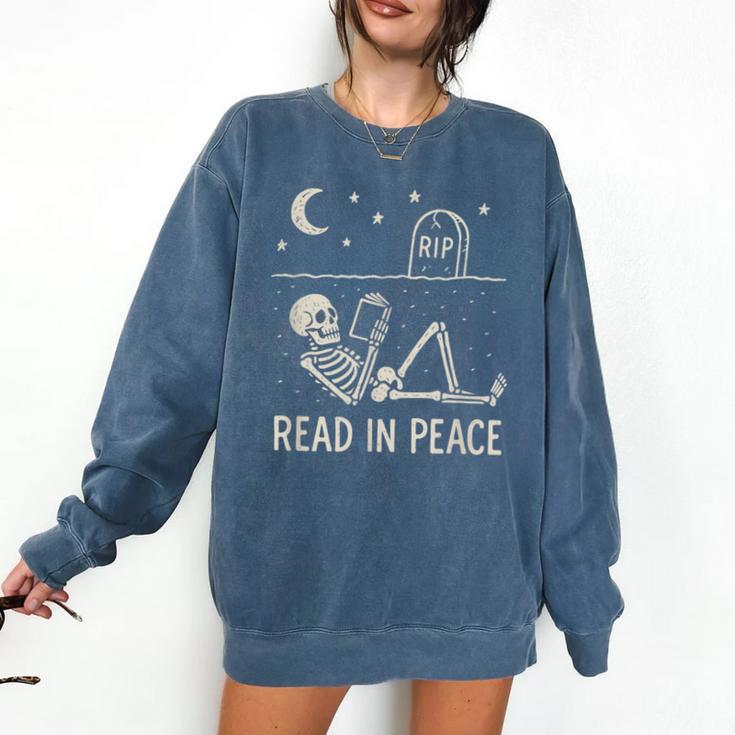 Skeleton Read In Peace Halloween Book Graphic Bookish Comfort Colors Sweatshirt