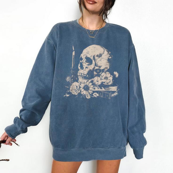 Skull Books Flowers Goth Reader Grunge Dark Alt Aesthetic Comfort Colors Sweatshirt