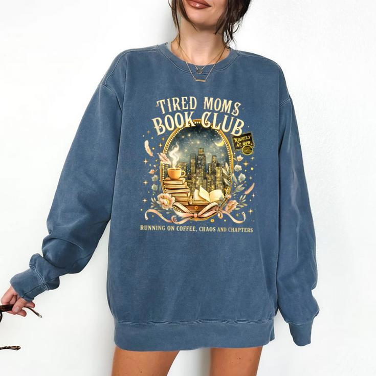 Tired Moms Book Club Cozy Night Coffee Reading Cat Comfort Colors Sweatshirt