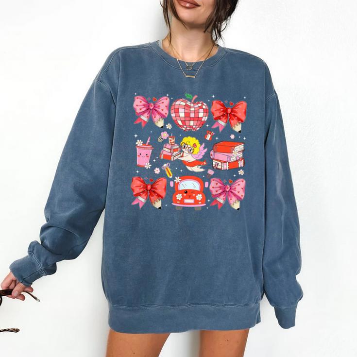 Valentine Cupid Coquette Pink Bow Apple Books Teacher Comfort Colors Sweatshirt