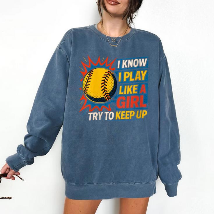 Women's Girls Softball Play Like A Girl Comic Book Pop Art Comfort Colors Sweatshirt