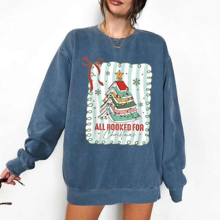All Booked For Christmas Book Xmas Tree Coquette Bow Lights Comfort Colors Sweatshirt