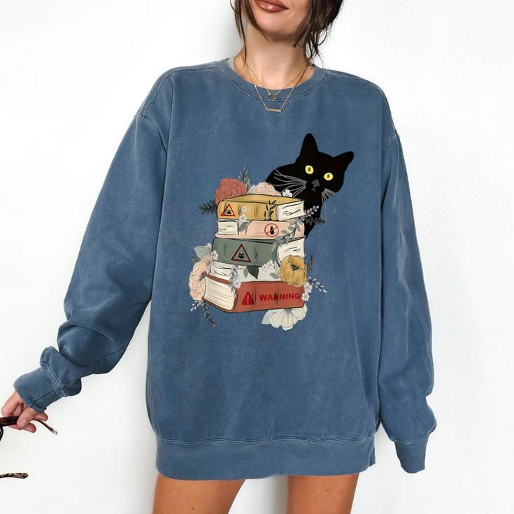 Cat And Books Flowers Reading Club Cat Lover Bookworm Comfort Colors Sweatshirt