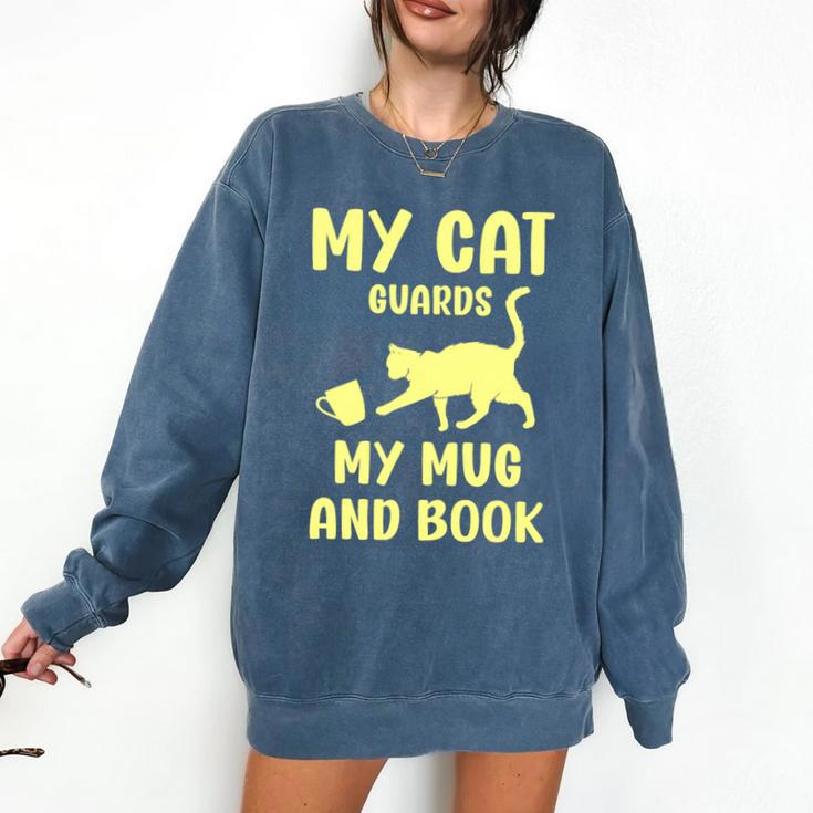 My Cat Guards My Mug And Book Humor Cats Premium Tri-Blend Comfort Colors Sweatshirt