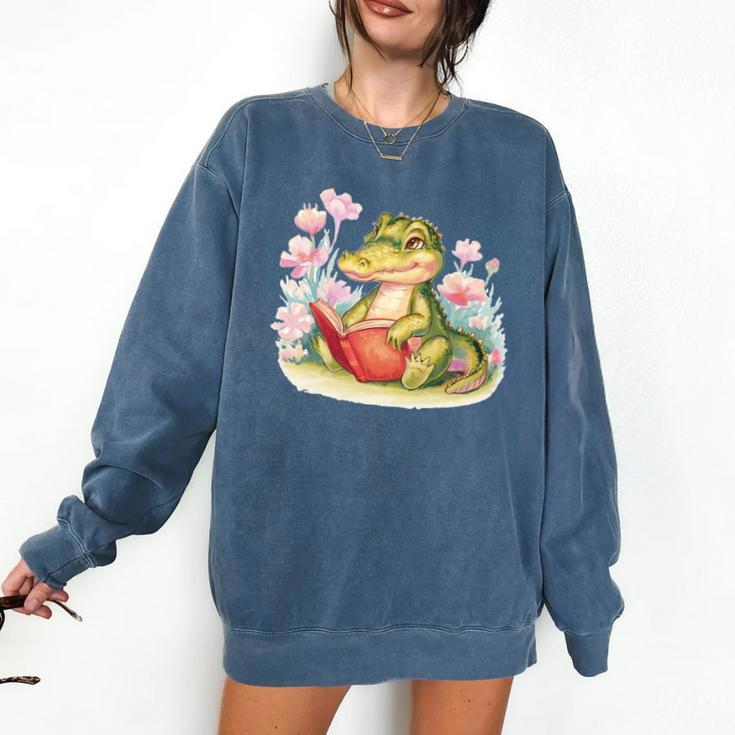 Crocodile Reading Book Watercolor Flowers Kids Comfort Colors Sweatshirt