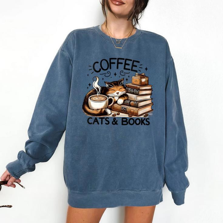 Cute Coffee Cats Books Lover Idea Women Men Kids Comfort Colors Sweatshirt