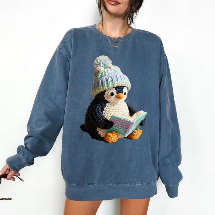 Cute Penguin Reading Book Faux-Crochet Print Comfort Colors Sweatshirt