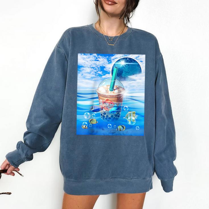 Frutiger Aero Aesthetic Tech Bubble Tea Boba Milktea Fishes Raglan Baseball Tee Comfort Colors Sweatshirt