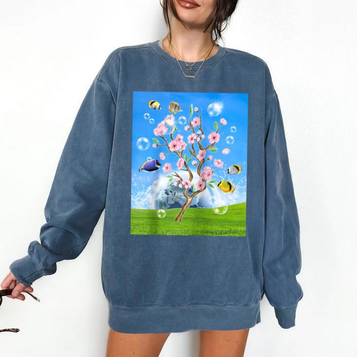 Frutiger Aero Aesthetic Tech Cherry Blossom Fishes Bubbles Raglan Baseball Tee Comfort Colors Sweatshirt