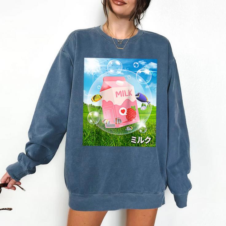 Frutiger Aero Aesthetic Tech Kawaii Strawberry Milk Fishes Raglan Baseball Tee Comfort Colors Sweatshirt