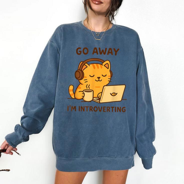 Go Away I'm Introverting Cozy Cat With Laptop And Coffee Comfort Colors Sweatshirt