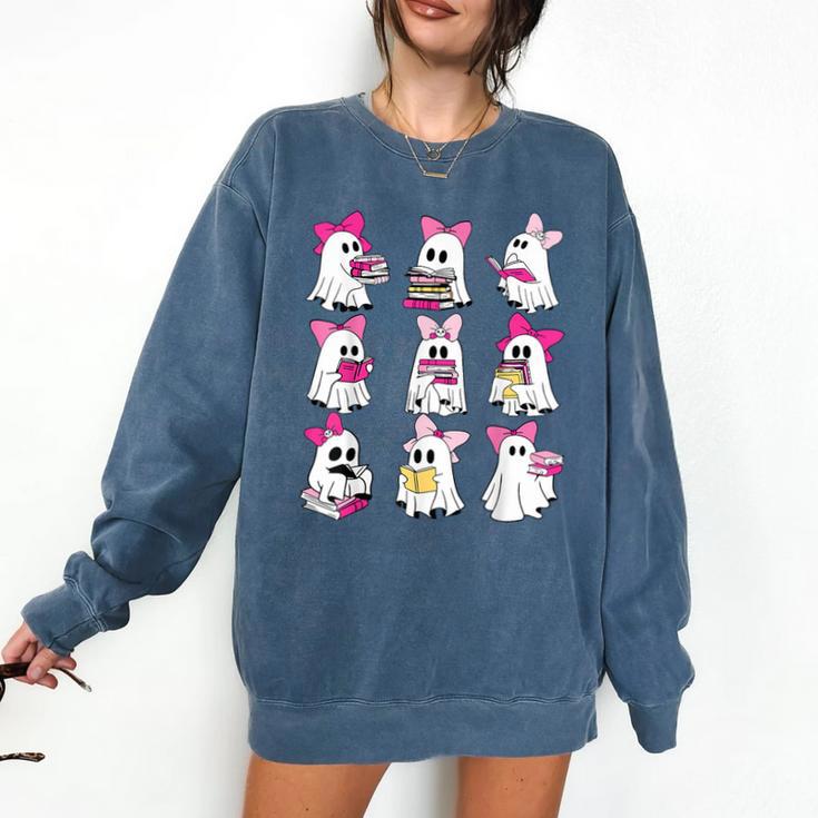Halloween Pink Ghost Read More Books Spooky Boo Teacher Kids Comfort Colors Sweatshirt