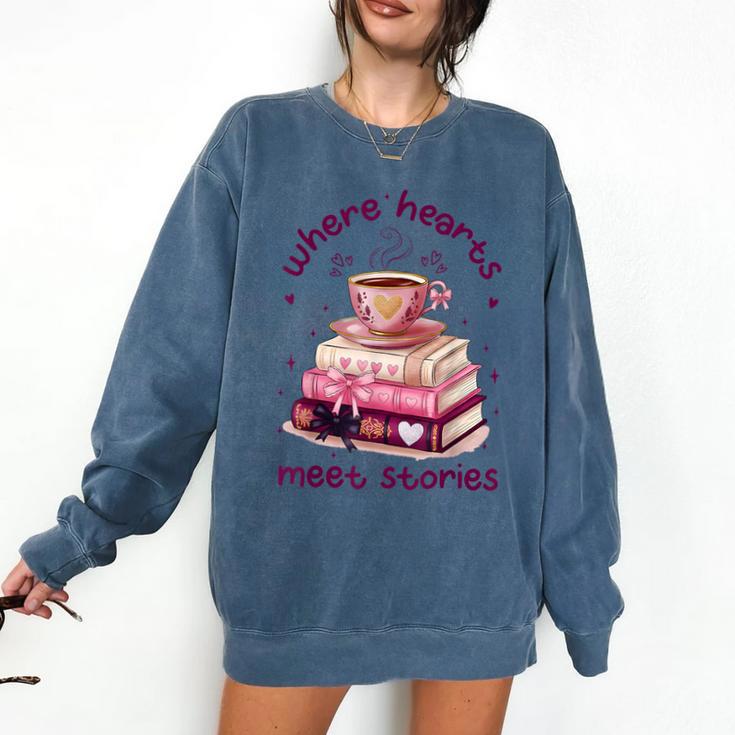 Where Hearts Groovy Meet Stories Coffee Books Valentines Day Comfort Colors Sweatshirt