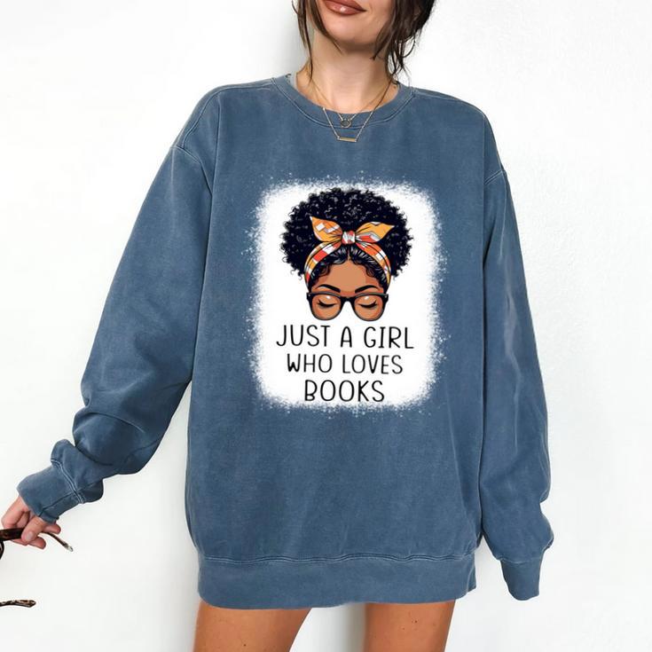 Just a Girl Who Loves Books Messy Bun Black Women Reading Comfort Colors Sweatshirt