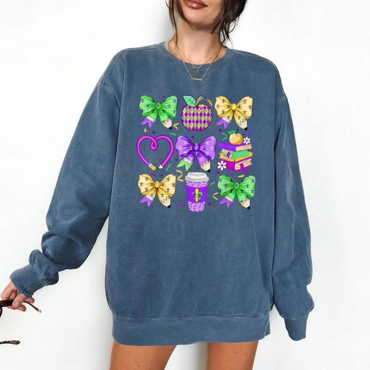 Mardi Gras Teacher Coquette Bow Pencil Apple Book Women Girl Comfort Colors Sweatshirt
